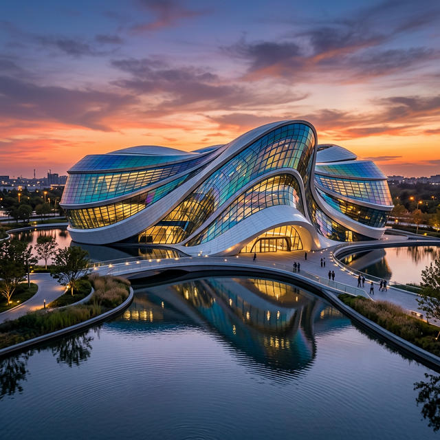 Exterior view of a futuristic organic-shaped museum made of iridescent glass and white ceramic, Zaha Hadid style.
