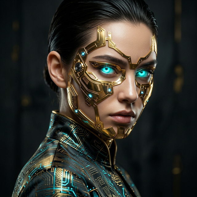 Close-up fashion portrait of a model with cybernetic gold facial ornaments, glowing cyan eyes, silk fabric with digital patterns.
